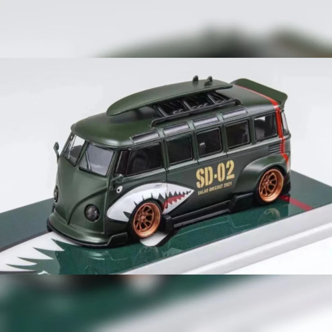 1:64 Flame Salad Diecast SD-02 Volkswagen Bus Custom 1:64 Scale Model – Military Green Shark Livery - Jaiman Toys