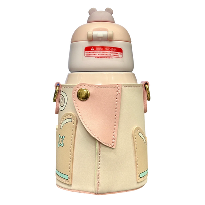 Bear Hug Stainless Steel Digital Water Bottle For Kids with carry bag, additional cup and sipper 500 ML (Pink) - Jaiman Toys