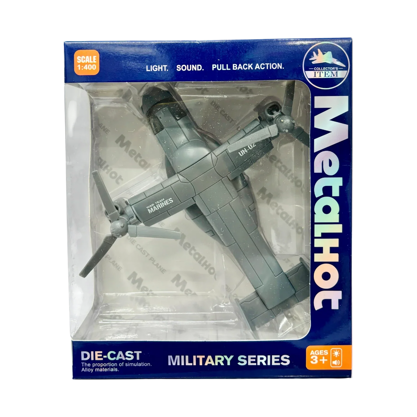 MetalHot Diecast Fighter helicopter Pull-Back Action with Light & Sound - 1:400 Scale (Blue) - Jaiman Toys