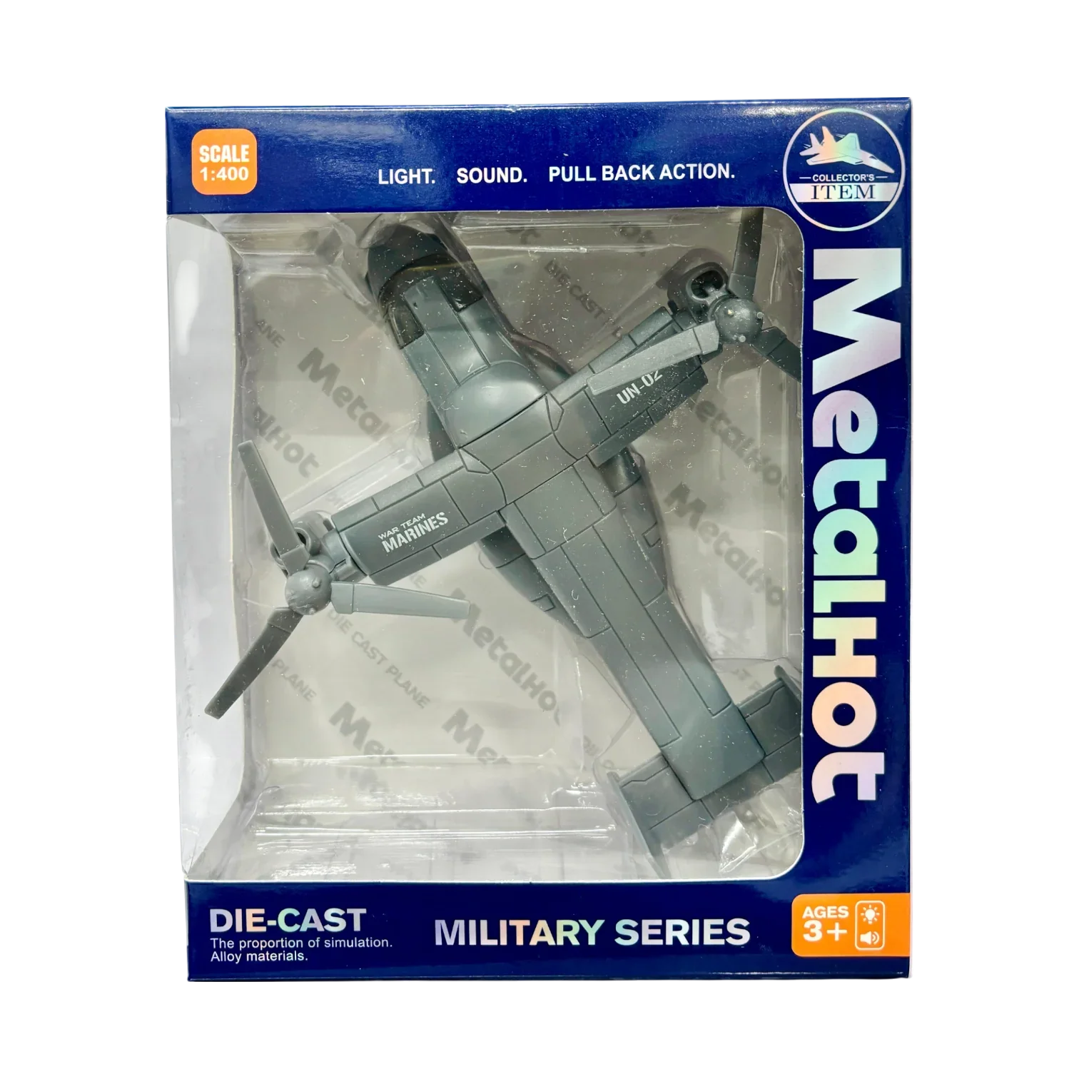 MetalHot Diecast Fighter helicopter Pull-Back Action with Light & Sound - 1:400 Scale (Blue) - Jaiman Toys