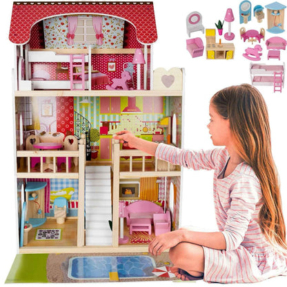 Dreamy Hearts Wooden Dollhouse – Multi-Story Pretend Play Villa with Furniture - Jaiman Toys