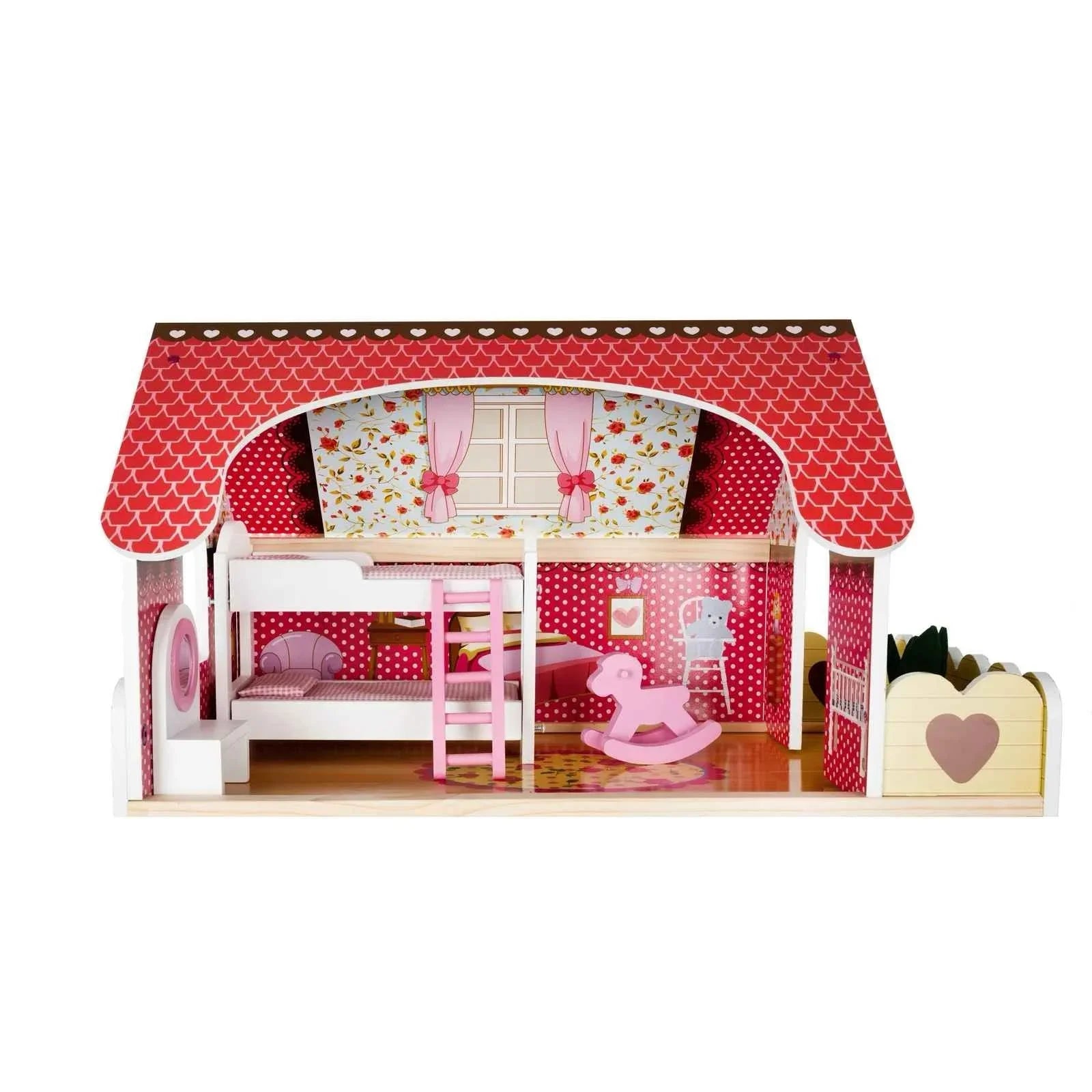 Dreamy Hearts Wooden Dollhouse – Multi-Story Pretend Play Villa with Furniture - Jaiman Toys