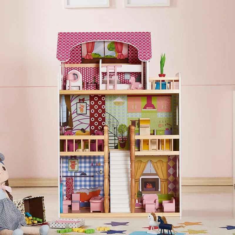 Dreamy Hearts Wooden Dollhouse – Multi-Story Pretend Play Villa with Furniture - Jaiman Toys