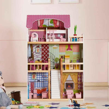 Dreamy Hearts Wooden Dollhouse – Multi-Story Pretend Play Villa with Furniture - Jaiman Toys