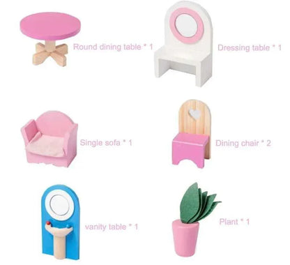 Dreamy Hearts Wooden Dollhouse – Multi-Story Pretend Play Villa with Furniture - Jaiman Toys