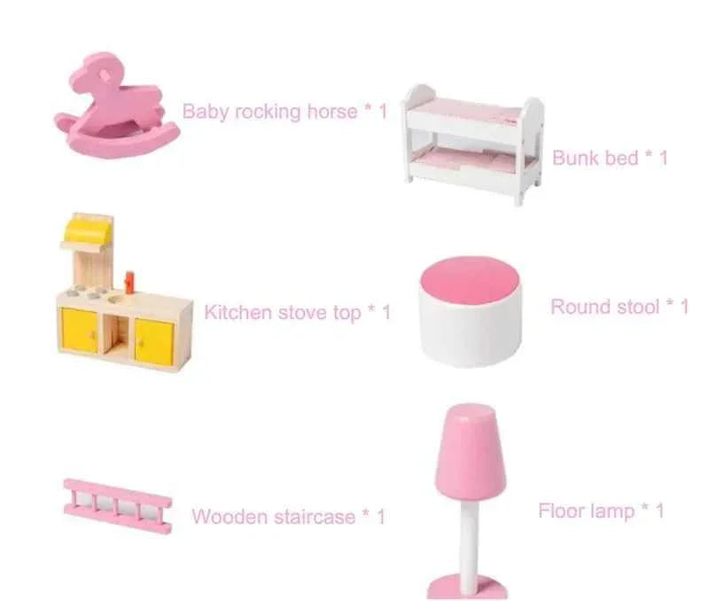 Dreamy Hearts Wooden Dollhouse – Multi-Story Pretend Play Villa with Furniture - Jaiman Toys