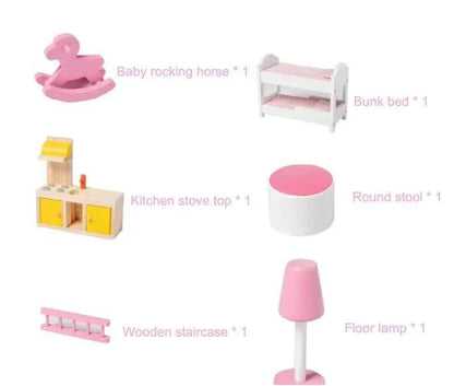 Dreamy Hearts Wooden Dollhouse – Multi-Story Pretend Play Villa with Furniture - Jaiman Toys