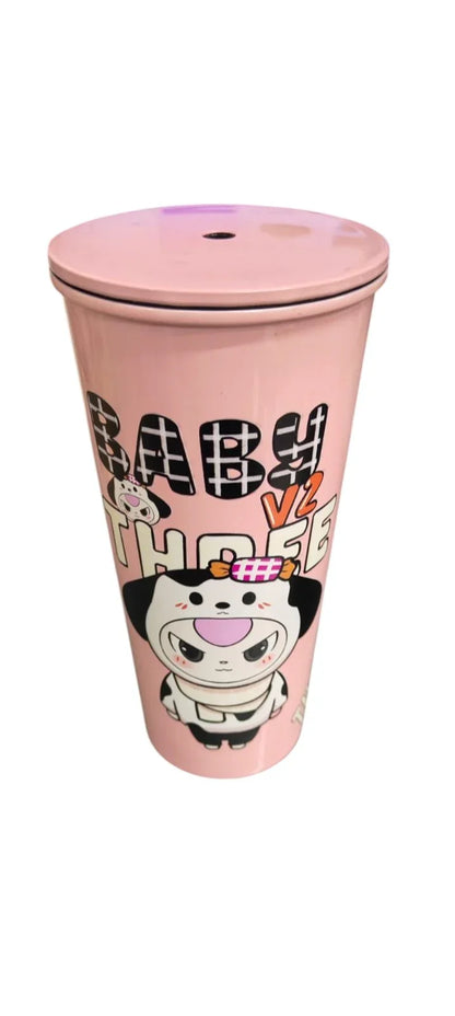 BABY THREE Colorful Stainless Steel Water Bottle – 500ml Pink| With Lid & Metal Straw | Cute Character Design - Jaiman Toys