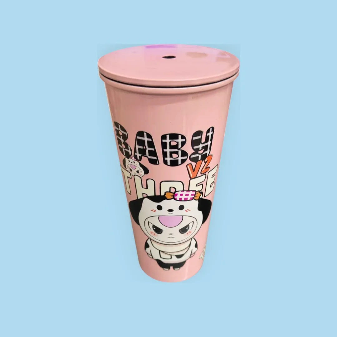 BABY THREE Colorful Stainless Steel Water Bottle – 500ml Pink| With Lid & Metal Straw | Cute Character Design - Jaiman Toys