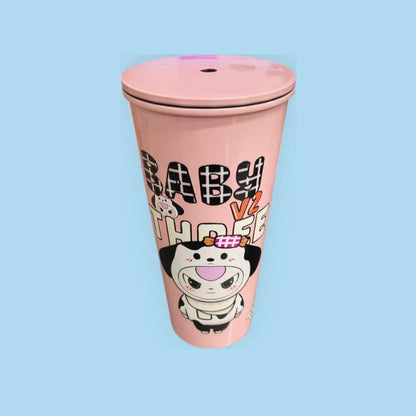 BABY THREE Colorful Stainless Steel Water Bottle – 500ml Pink| With Lid & Metal Straw | Cute Character Design - Jaiman Toys