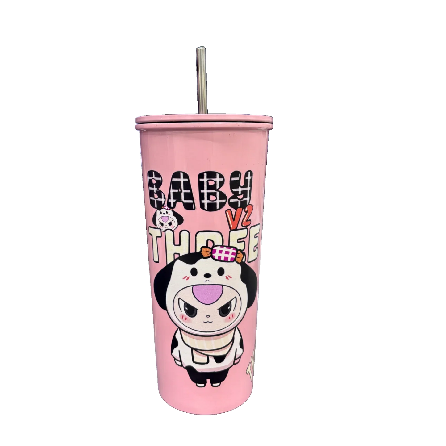 BABY THREE Colorful Stainless Steel Water Bottle – 500ml Pink| With Lid & Metal Straw | Cute Character Design - Jaiman Toys