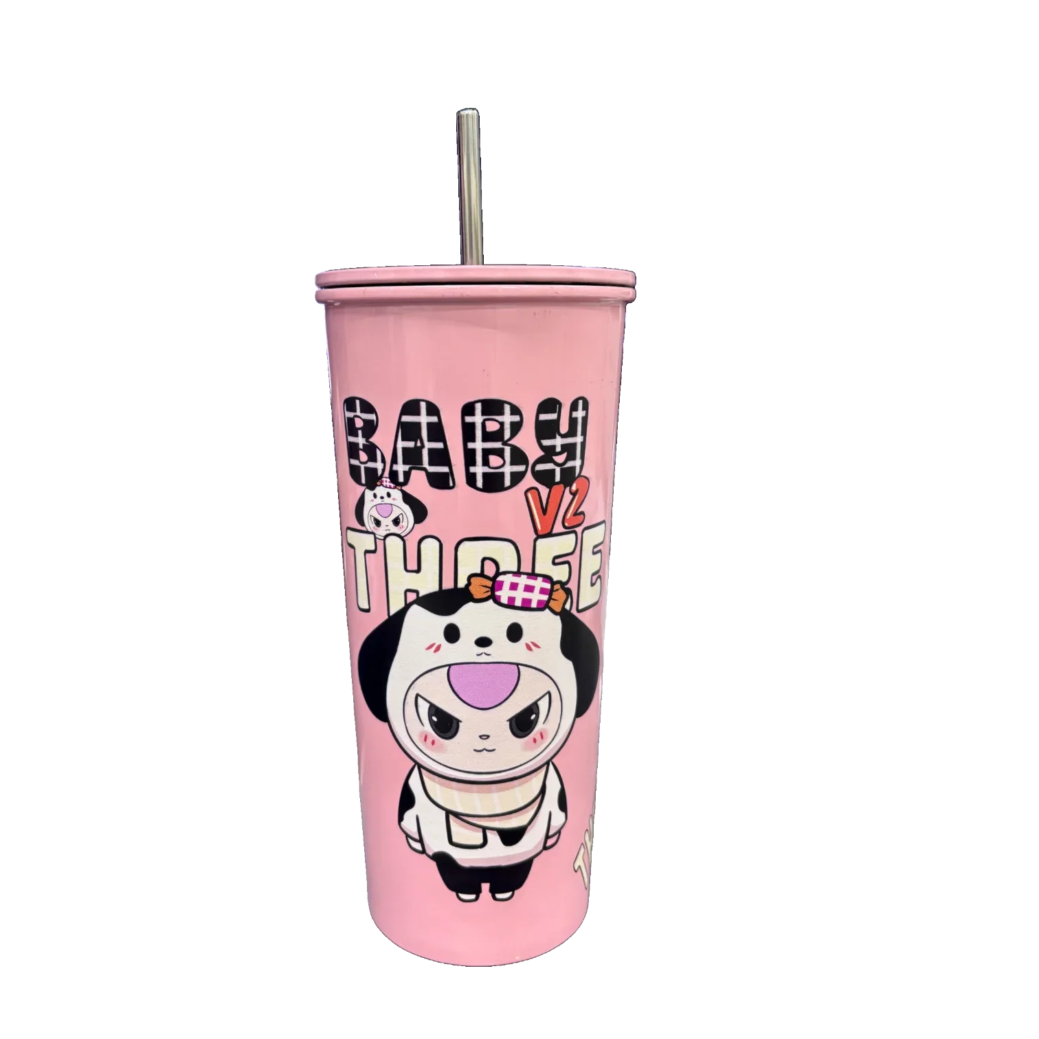 BABY THREE Colorful Stainless Steel Water Bottle – 500ml Pink| With Lid & Metal Straw | Cute Character Design - Jaiman Toys