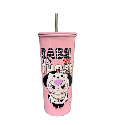 BABY THREE Colorful Stainless Steel Water Bottle – 500ml Pink| With Lid & Metal Straw | Cute Character Design - Jaiman Toys