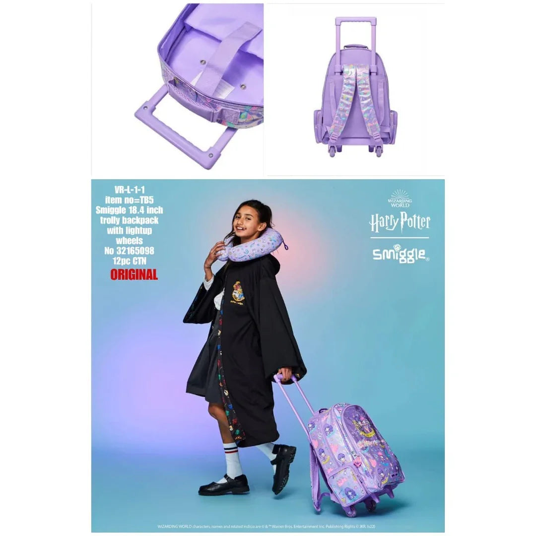 Smiggle 18 Inch Harry Potter Trolley Backpack with Motion-Activated Light-Up Wheels | Extendable Handle & Padded Straps