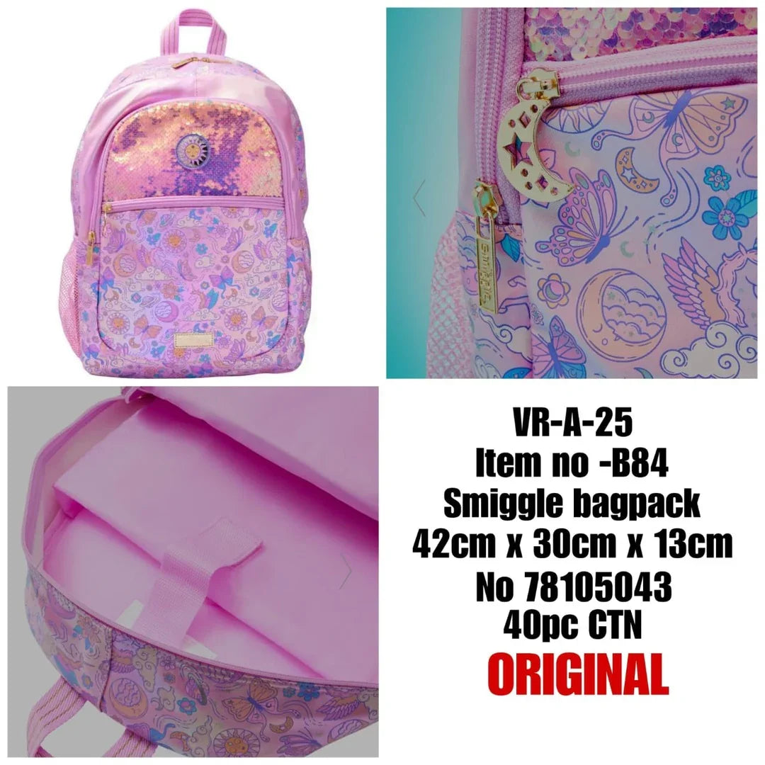 SMIGGLE Cosmos Classic Backpack – 16 Inch | Holographic Sequins & Iridescent Golden Pink Finish