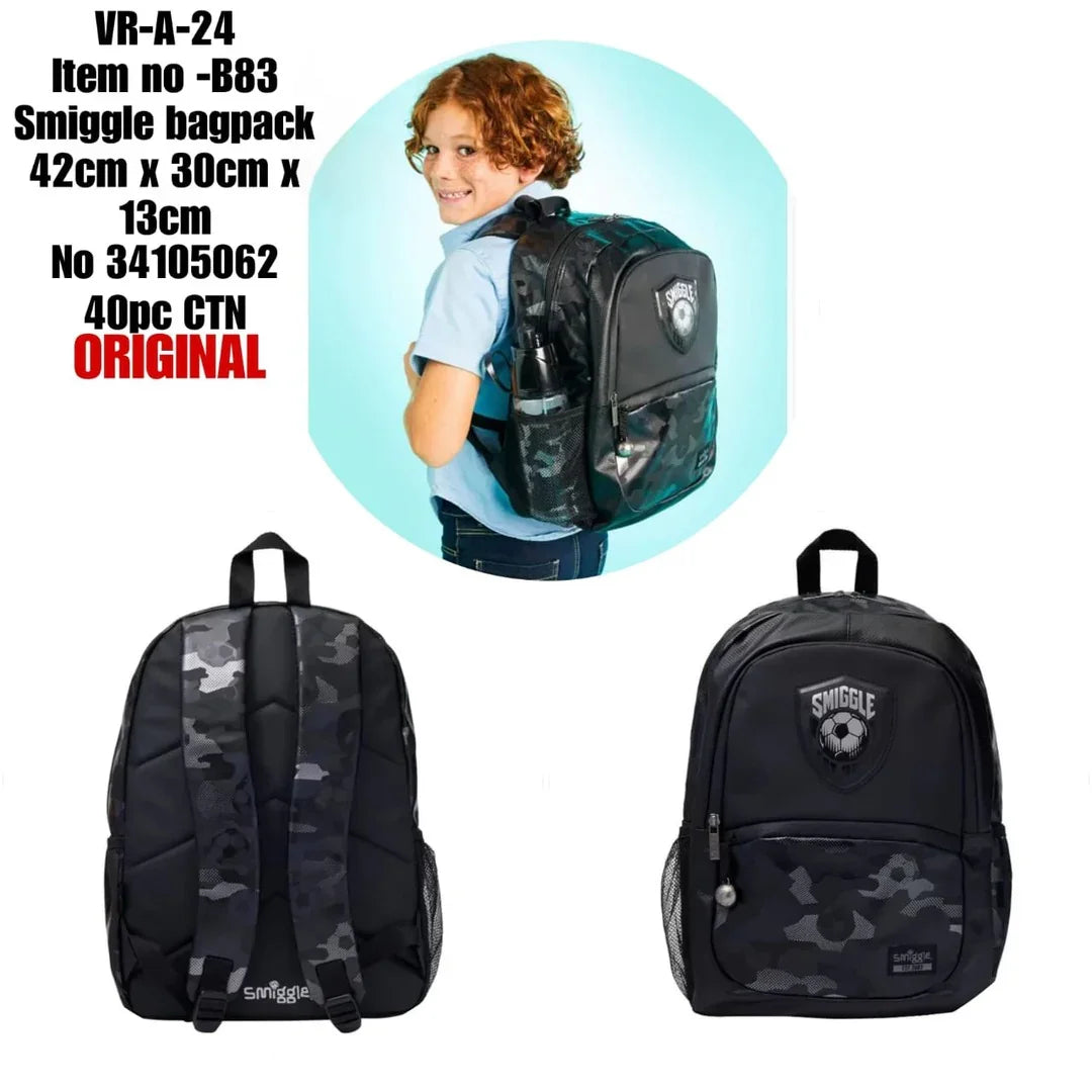 Smiggle 16" Assist Classic School Backpack – Football Metal Zip, Camo Design, Dual Bottle Sleeves