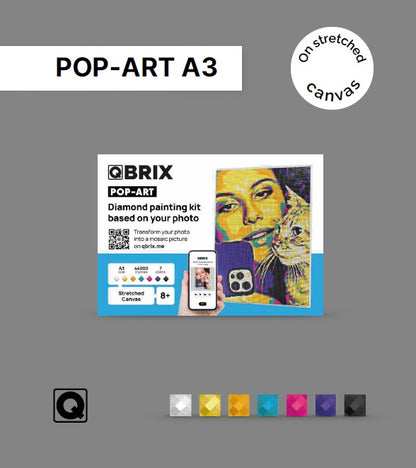 QBRIX POP-ART Diamond Painting Kit A3 | Custom Photo Mosaic | 44,000 Crystals, 7 Colors | DIY POP Art Canvas for Ages 8+