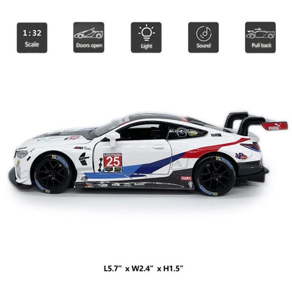RMZ Hobby 1:32 BMW M8 GTE Die-Cast Model Car – White |Pull Back, Openable Doors, Light & Sound (664996)