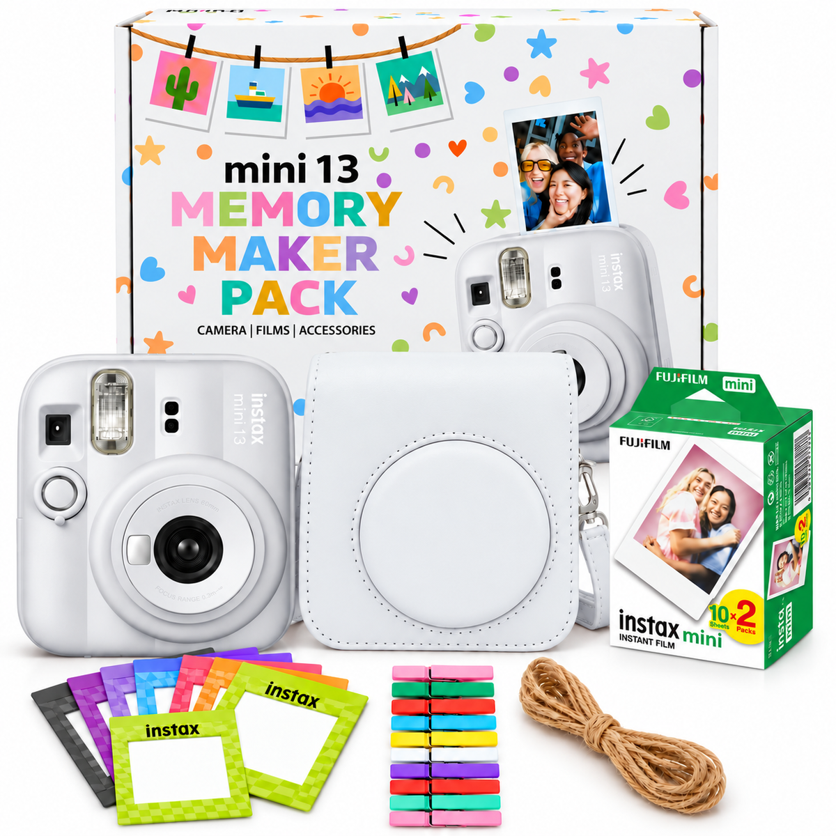 Fujifilm Instax Mini 13 Memory Maker Gift Pack – Instant Camera with 20 Films, Case & Photo Display Kit - Clay White