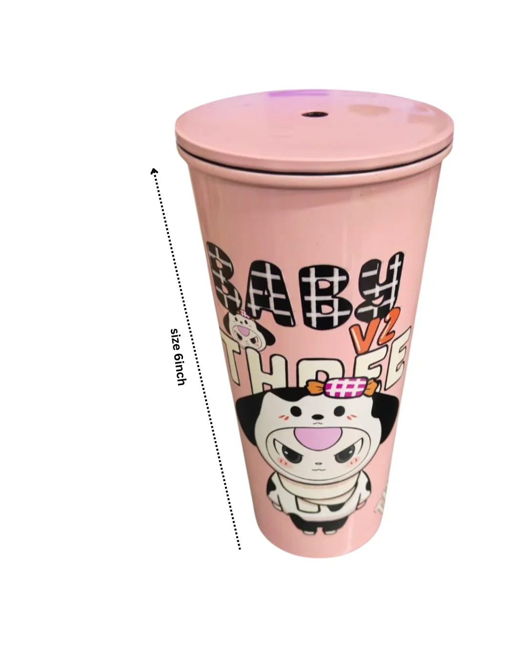 BABY THREE Colorful Stainless Steel Water Bottle – 500ml Pink| With Lid & Metal Straw | Cute Character Design - Jaiman Toys