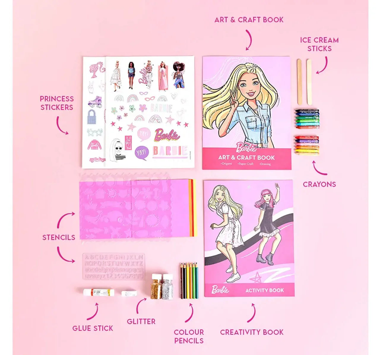Barbie Creative Activity Kit, Multiple Activity Barbie themed DIY Craft Kit, Includes drawing, colouring, art and craft, sticker-based activities, Kids for 5Y+, Multicolour