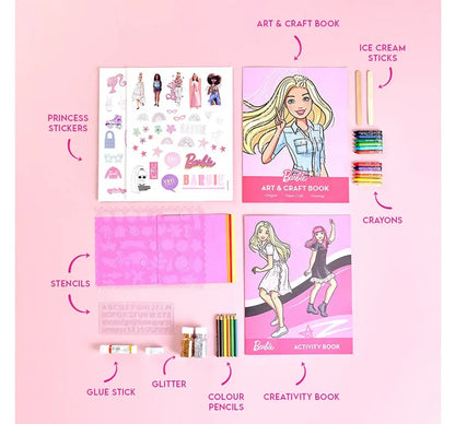 Barbie Creative Activity Kit, Multiple Activity Barbie themed DIY Craft Kit, Includes drawing, colouring, art and craft, sticker-based activities, Kids for 5Y+, Multicolour