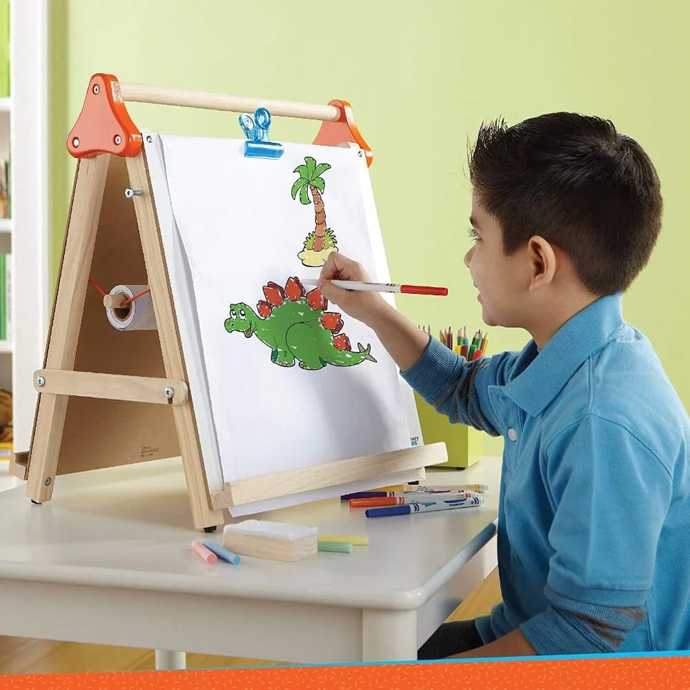 Discovery Kids Wooden 3-in-1 Tabletop Easel | Dry Erase Board, Chalkboard & Paper Roll | Kids Art & Learning Station (Accessories Included)