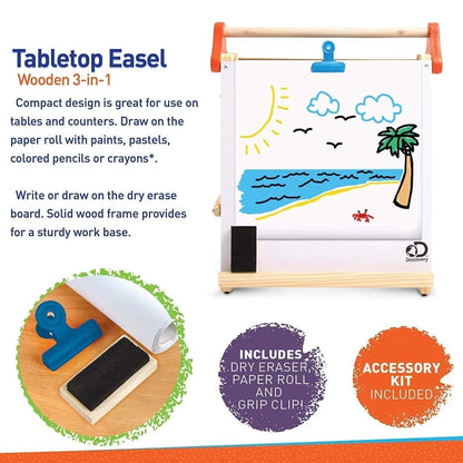 Discovery Kids Wooden 3-in-1 Tabletop Easel | Dry Erase Board, Chalkboard & Paper Roll | Kids Art & Learning Station (Accessories Included)