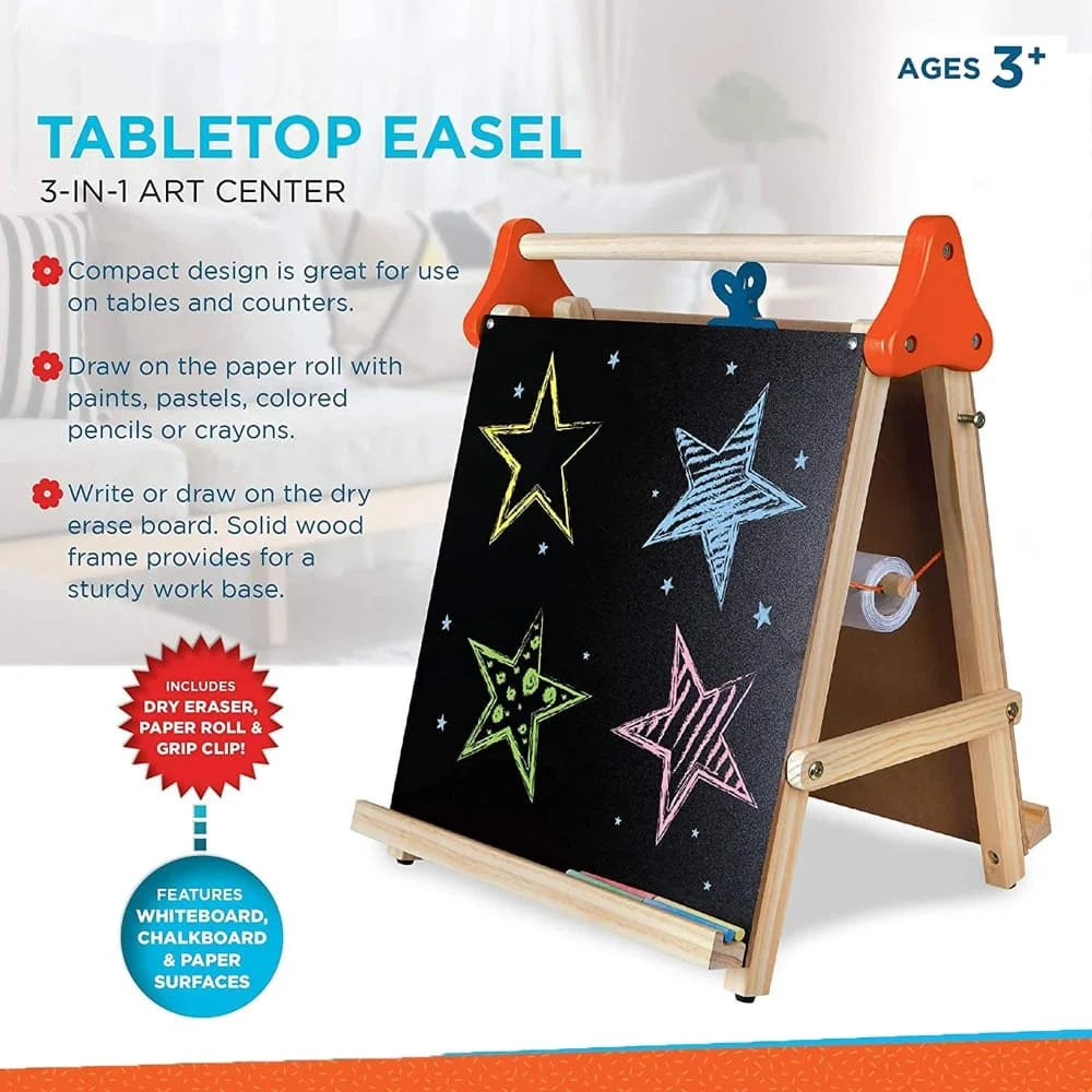 Discovery Kids Wooden 3-in-1 Tabletop Easel | Dry Erase Board, Chalkboard & Paper Roll | Kids Art & Learning Station (Accessories Included)