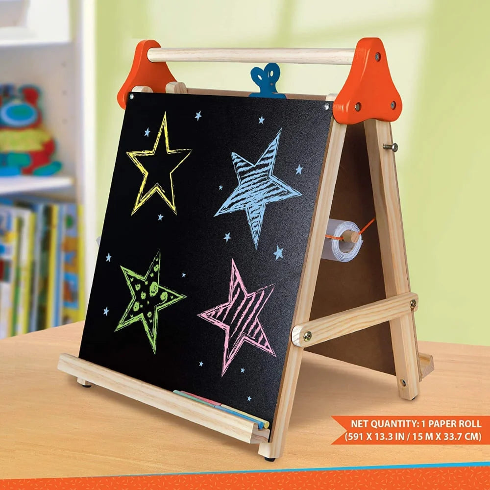 Discovery Kids Wooden 3-in-1 Tabletop Easel | Dry Erase Board, Chalkboard & Paper Roll | Kids Art & Learning Station (Accessories Included)