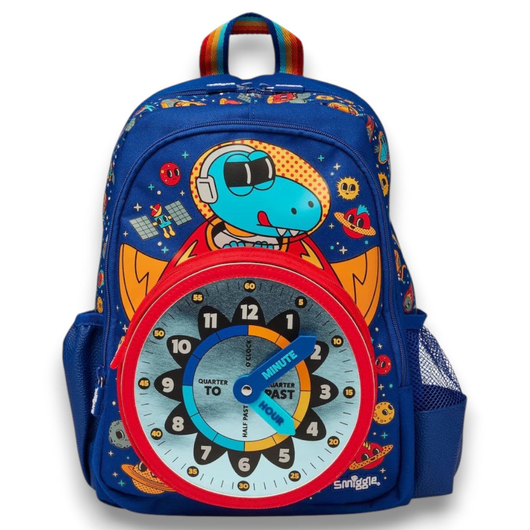 Smiggle Learn to Tell Time Dinosaur Backpack 14 Inch | Kids School Bag with Interactive Clock Front Pocket & Dual Bottle Pockets