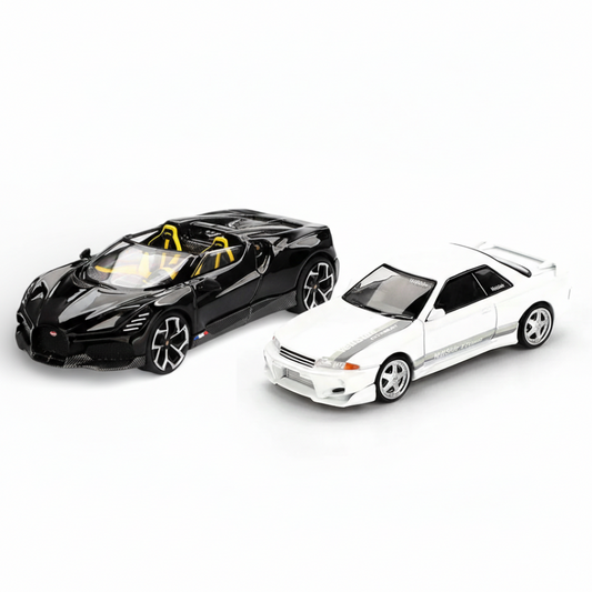 Mini GT 1:64 Duo Set Bugatti W16 Mistral Black (LHD) + Nissan Skyline GT-R R32 VeilSide Combat C-I White (RHD) Premium Diecast Cars