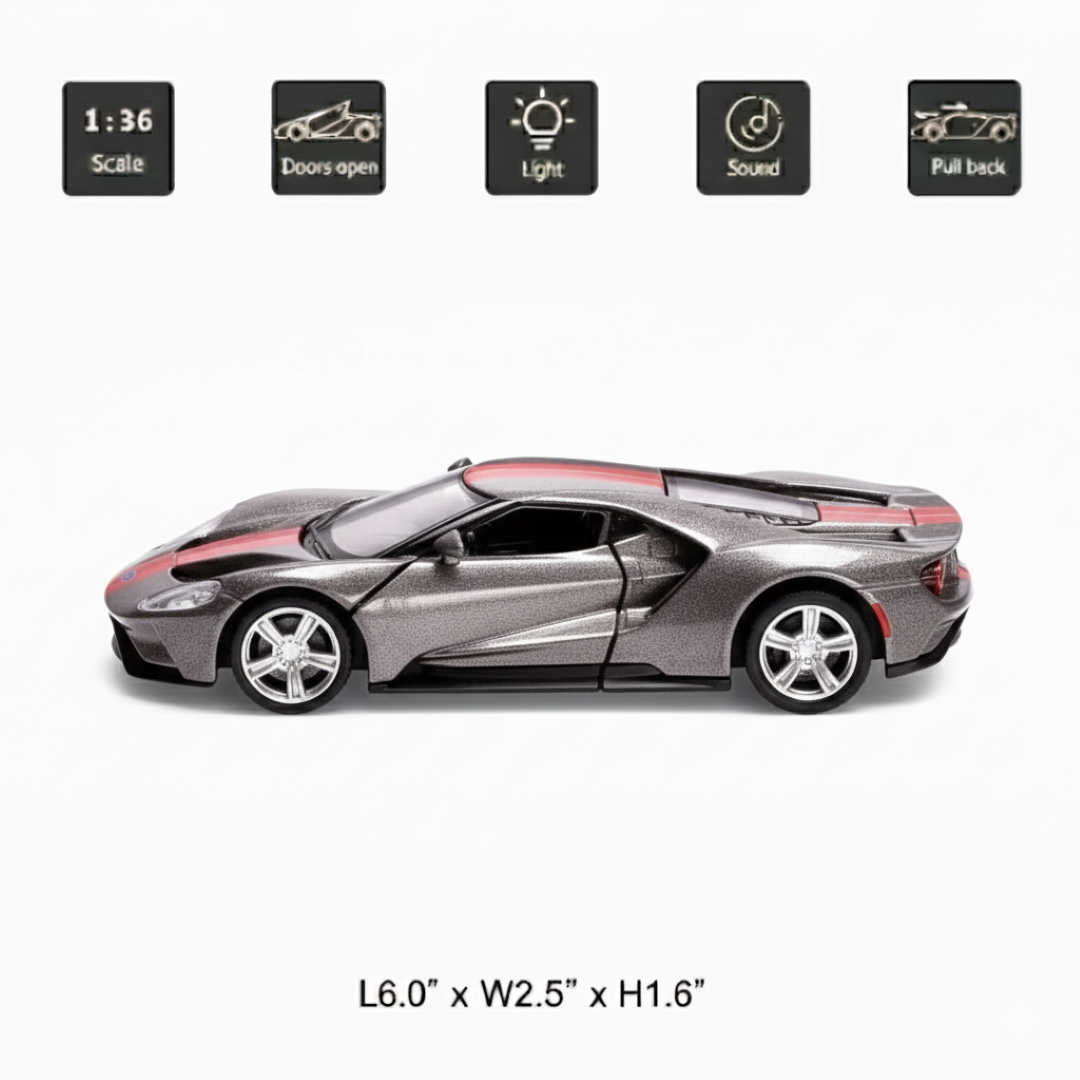 RMZ City 1:36 Ford GT Diecast Car Model – Metalic Grey| Openable Doors, Sound & Light