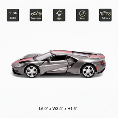 RMZ City 1:36 Ford GT Diecast Car Model – Metalic Grey| Openable Doors, Sound & Light
