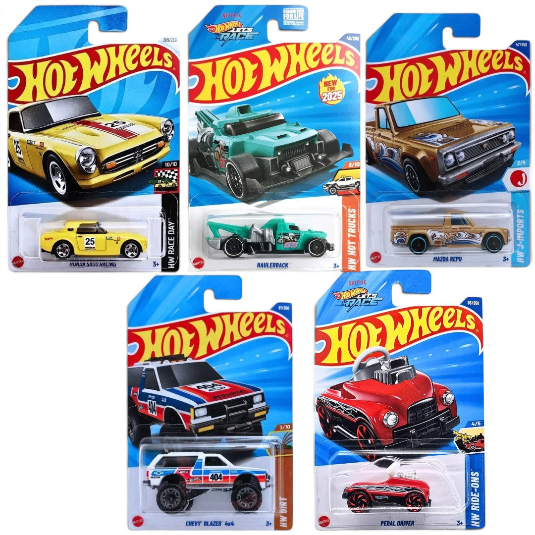 Hot Wheels 1:64 Scale 5-Car Set – Honda S800 Racing HW Race Day, Pedal Driver, Chevy Blazer 4x4, Mazda REPU & Haulerback Let's Race HYX68