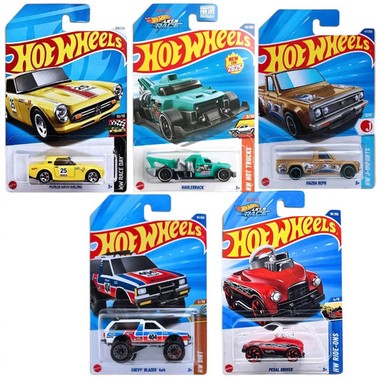 Hot Wheels 1:64 Scale 5-Car Set – Honda S800 Racing HW Race Day, Pedal Driver, Chevy Blazer 4x4, Mazda REPU & Haulerback Let's Race HYX68