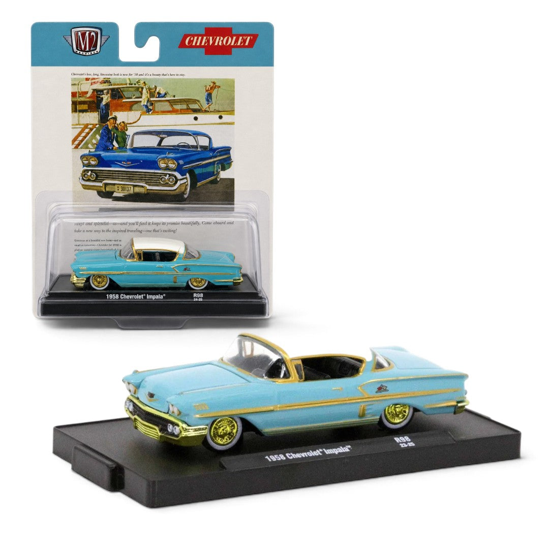 M2 Machines 1:64 1958 Chevrolet Impala Chase Piece | Aqua Blue & White Die-Cast Model Car with Golden Wheels
