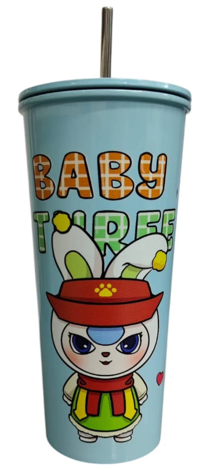 BABY THREE Colorful Stainless Steel Seeper Water Bottle – 500ml Blue| With Lid & Metal Straw | Cute Character Design - Jaiman Toys