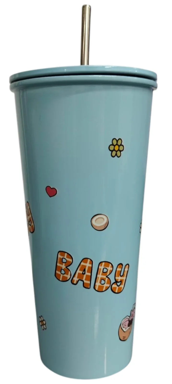 BABY THREE Colorful Stainless Steel Seeper Water Bottle – 500ml Blue| With Lid & Metal Straw | Cute Character Design - Jaiman Toys