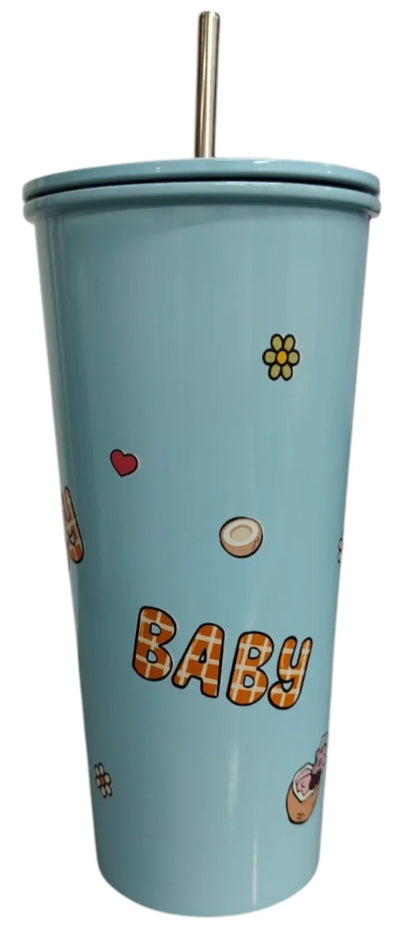 BABY THREE Colorful Stainless Steel Seeper Water Bottle – 500ml Blue| With Lid & Metal Straw | Cute Character Design - Jaiman Toys