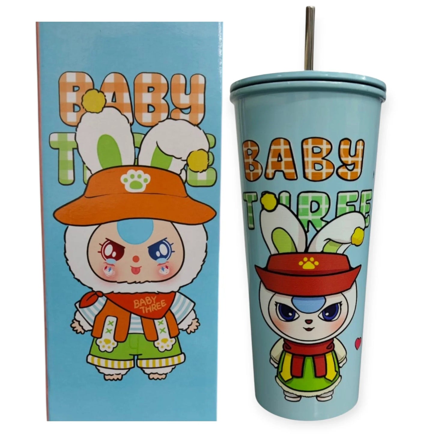 BABY THREE Colorful Stainless Steel Seeper Water Bottle – 500ml Blue| With Lid & Metal Straw | Cute Character Design - Jaiman Toys