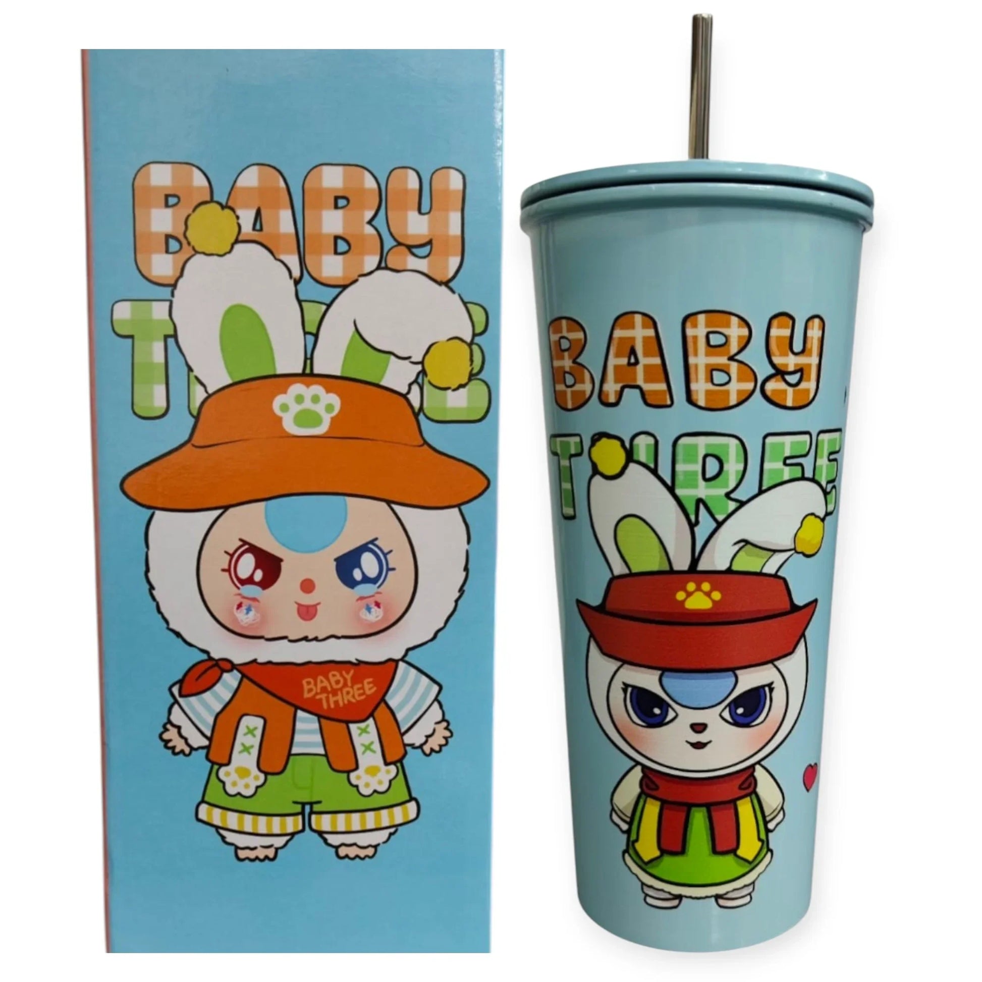 BABY THREE Colorful Stainless Steel Seeper Water Bottle – 500ml Blue| With Lid & Metal Straw | Cute Character Design - Jaiman Toys