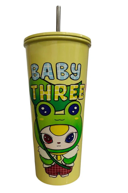 BABY THREE Colorful Stainless Steel Seeper Water Bottle – 500ml Yellow| With Lid & Metal Straw | Cute Character Design - Jaiman Toys