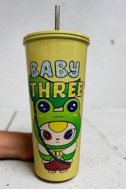 BABY THREE Colorful Stainless Steel Seeper Water Bottle – 500ml Yellow| With Lid & Metal Straw | Cute Character Design - Jaiman Toys