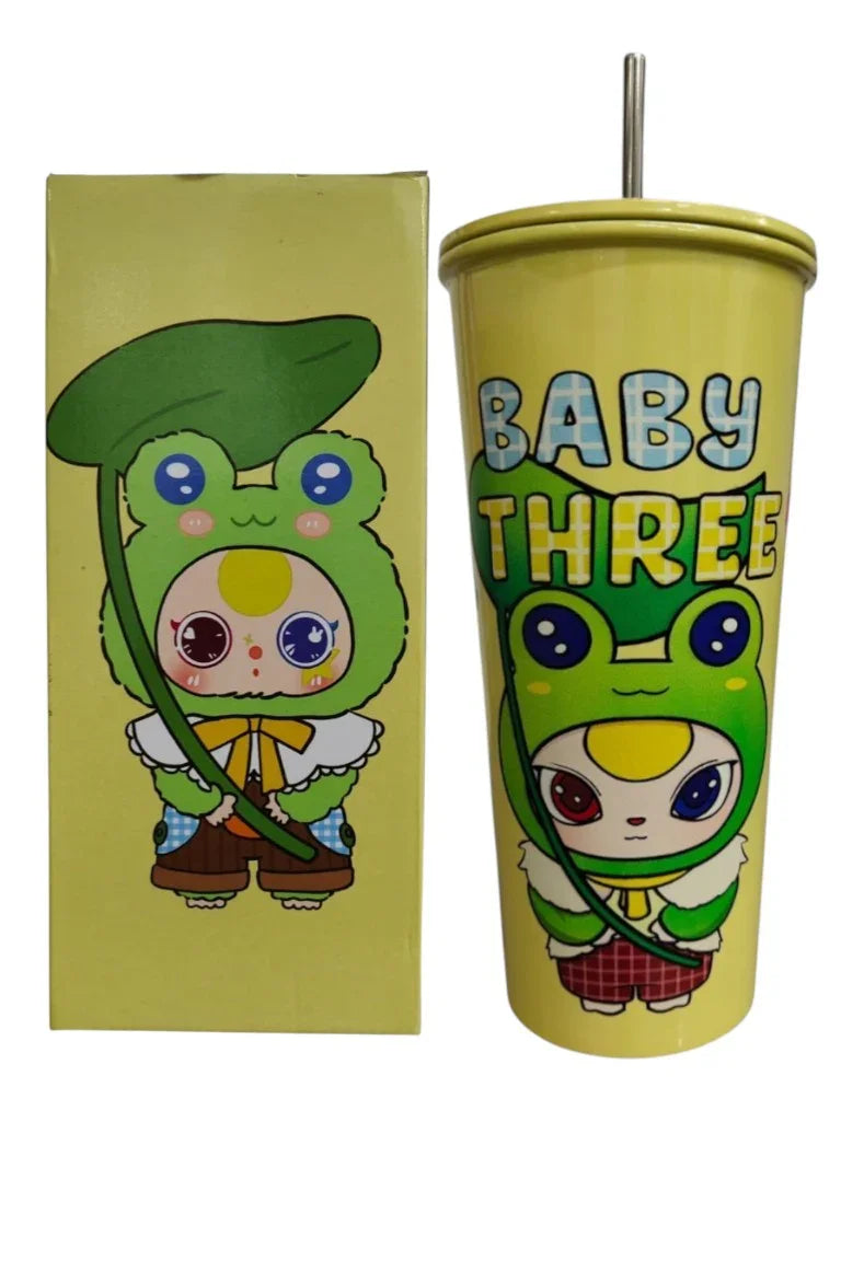 BABY THREE Colorful Stainless Steel Seeper Water Bottle – 500ml Yellow| With Lid & Metal Straw | Cute Character Design - Jaiman Toys