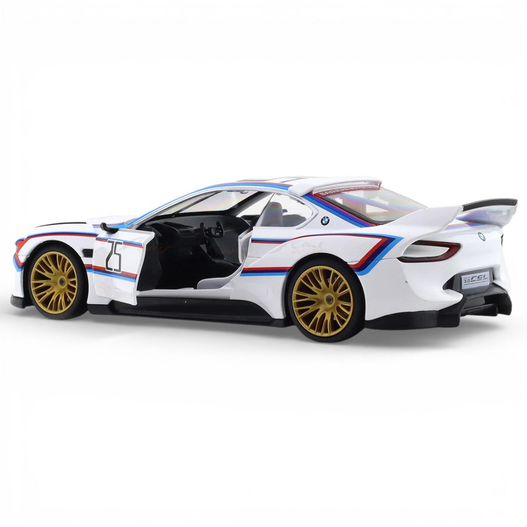 MSZ 1:32 BMW 3.0 CSL Die-Cast Model Car – White|Pull Back, Openable Doors, Light & Sound (68732A)