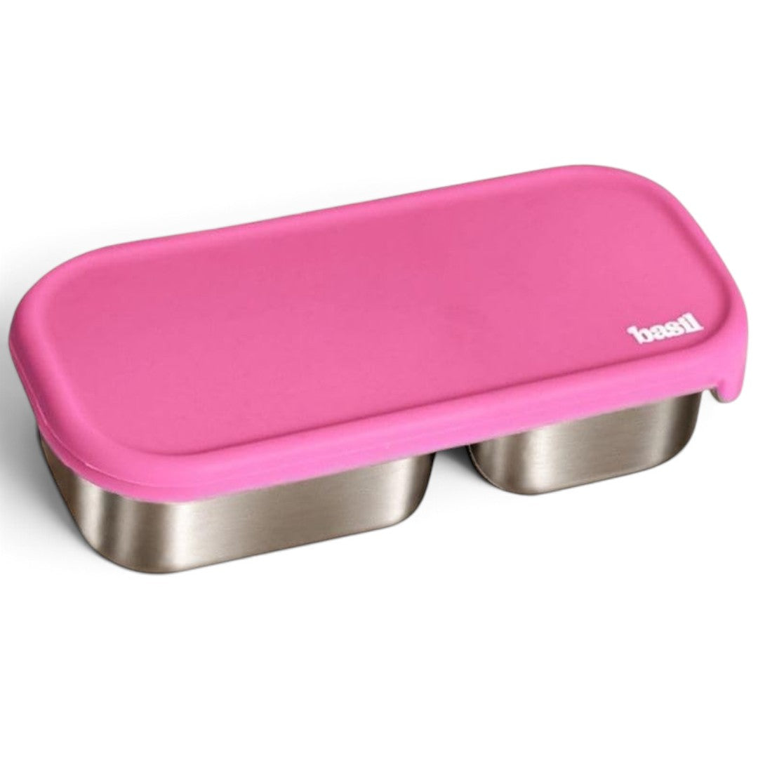 Basil Pickle Dip 180 ml Stainless Steel 2-Section Snack and Dip Container with Silicone Lid – Pink