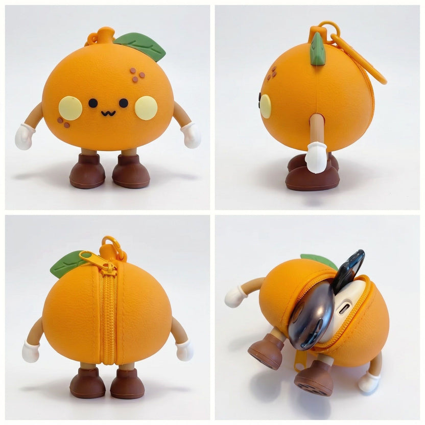 Cute Orange Tangerine Silicone Mini Pouch Keychain | 3D Tangerine Bag Charm with Zipper Storage for Coins, Earbuds, Keys & Small Accessories