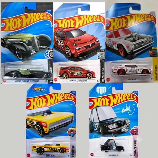 Hot Wheels 5-Car Die-Cast Set – Mazda RX-3 HYX24 + Let’s Race Small Bloc + King Kuda 152 White 2024 + Pontiac Aztek Custom HTD37 + Custom Cadillac Fleetwood | 1:64 Scale
