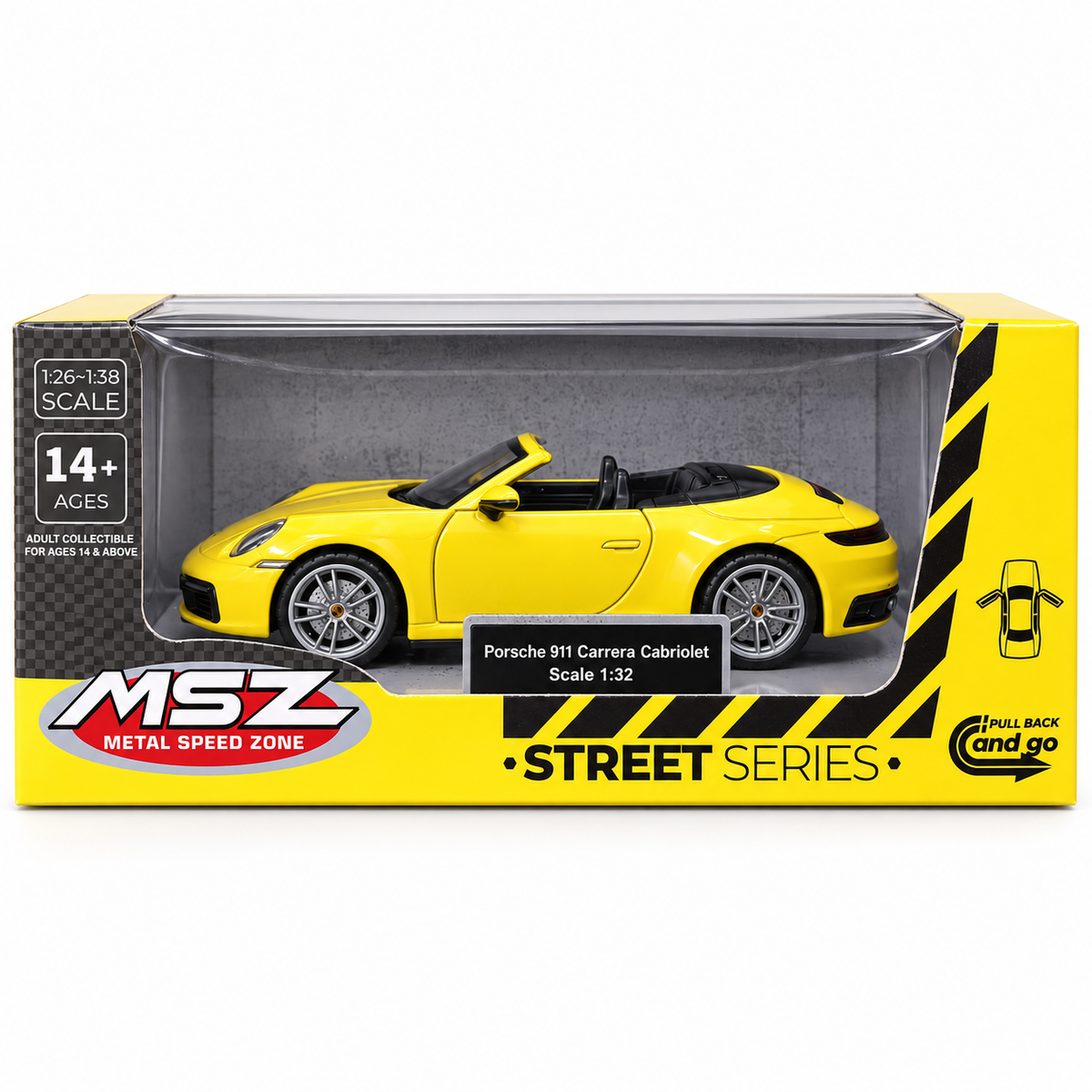 MSZ 1:32 Porsche 911 Carrera Cabriolet Diecast Car, Yellow – Pull Back Convertible Model for Collectors